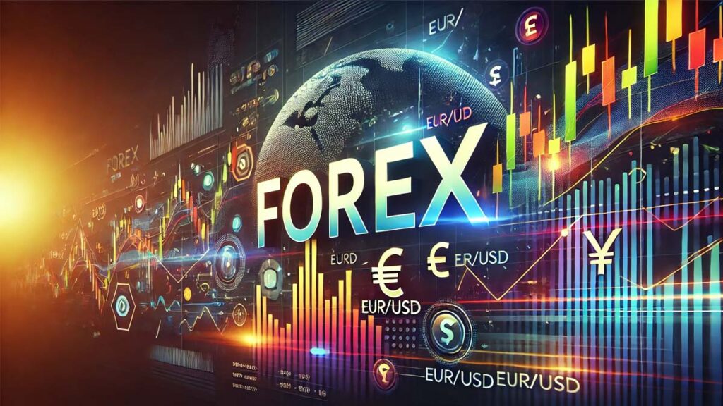 Hình ảnh minh họa Forex là gì với biểu đồ nến, các đường xu hướng và dòng chữ 'Forex' nổi bật, mang tính biểu tượng cho thị trường tài chính toàn cầu