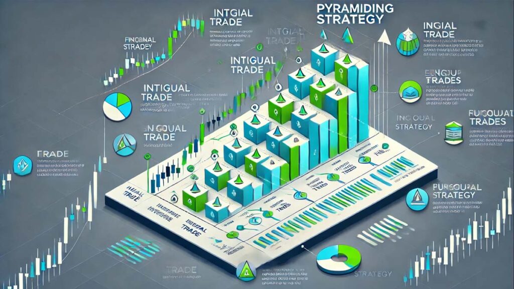 hương pháp giao dịch Kim Tự Tháp (Pyramiding) trong Forex, thể hiện cách thêm các lệnh giao dịch khi xu hướng giá tiếp tục có lợi, giúp tối đa hóa lợi nhuận